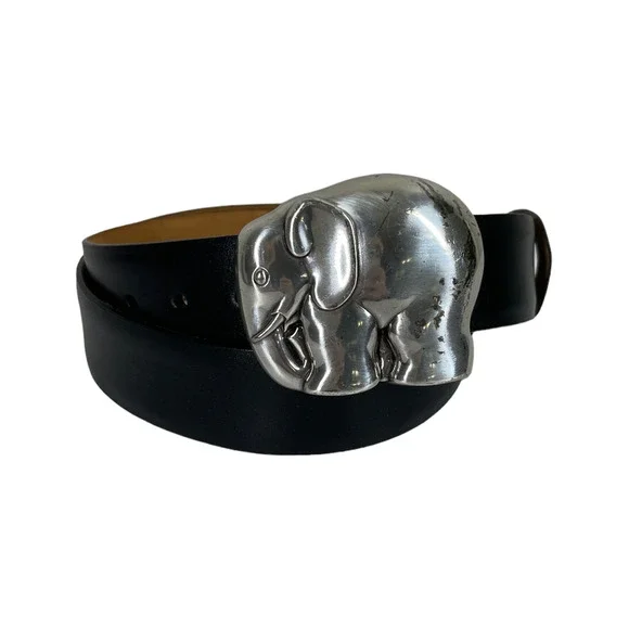 W. Kleinberg Elephant Buckle Black Leather Belt Large USA Made Luxury Chic - Picture 2 of 6